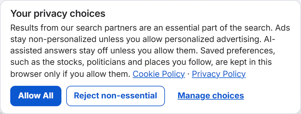 The privacy banner that appears on a first visit