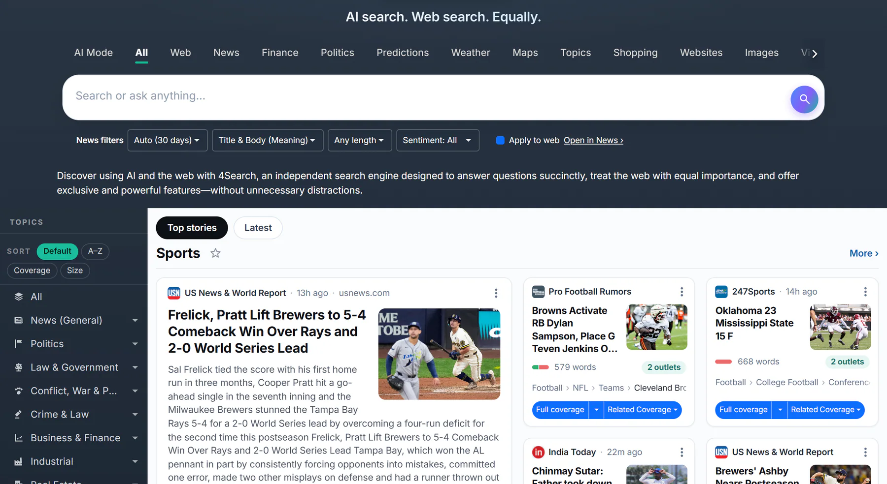 The 4Search home page with the Topics tab in the row of services, the Topics list on the left and the first group of stories, headed Sports, on the right